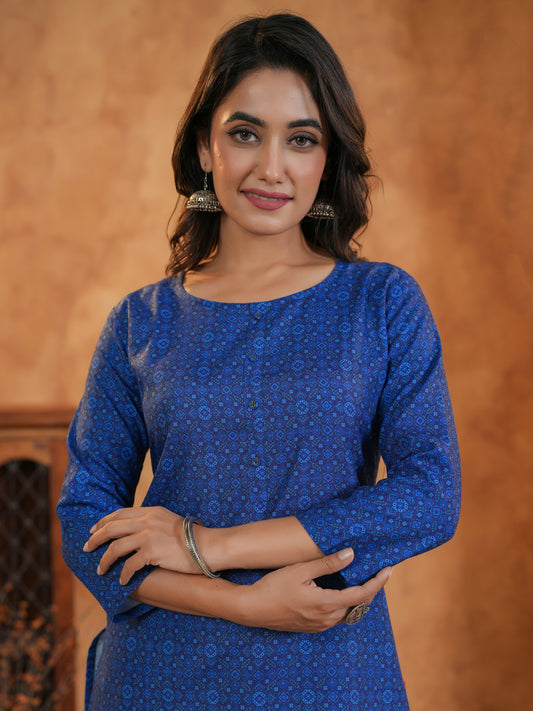 Span Blue Round Neck Cotton Kurta Set