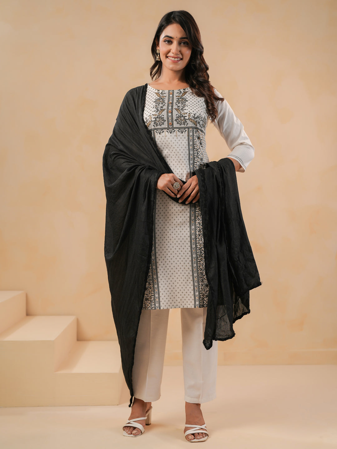 Span Off White Round Neck Cotton Kurta Set with Dupatta