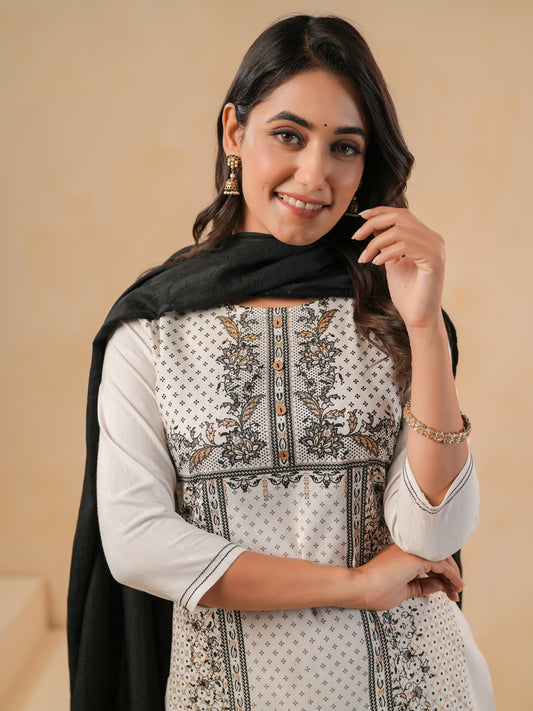 Span Off White Round Neck Cotton Kurta Set with Dupatta