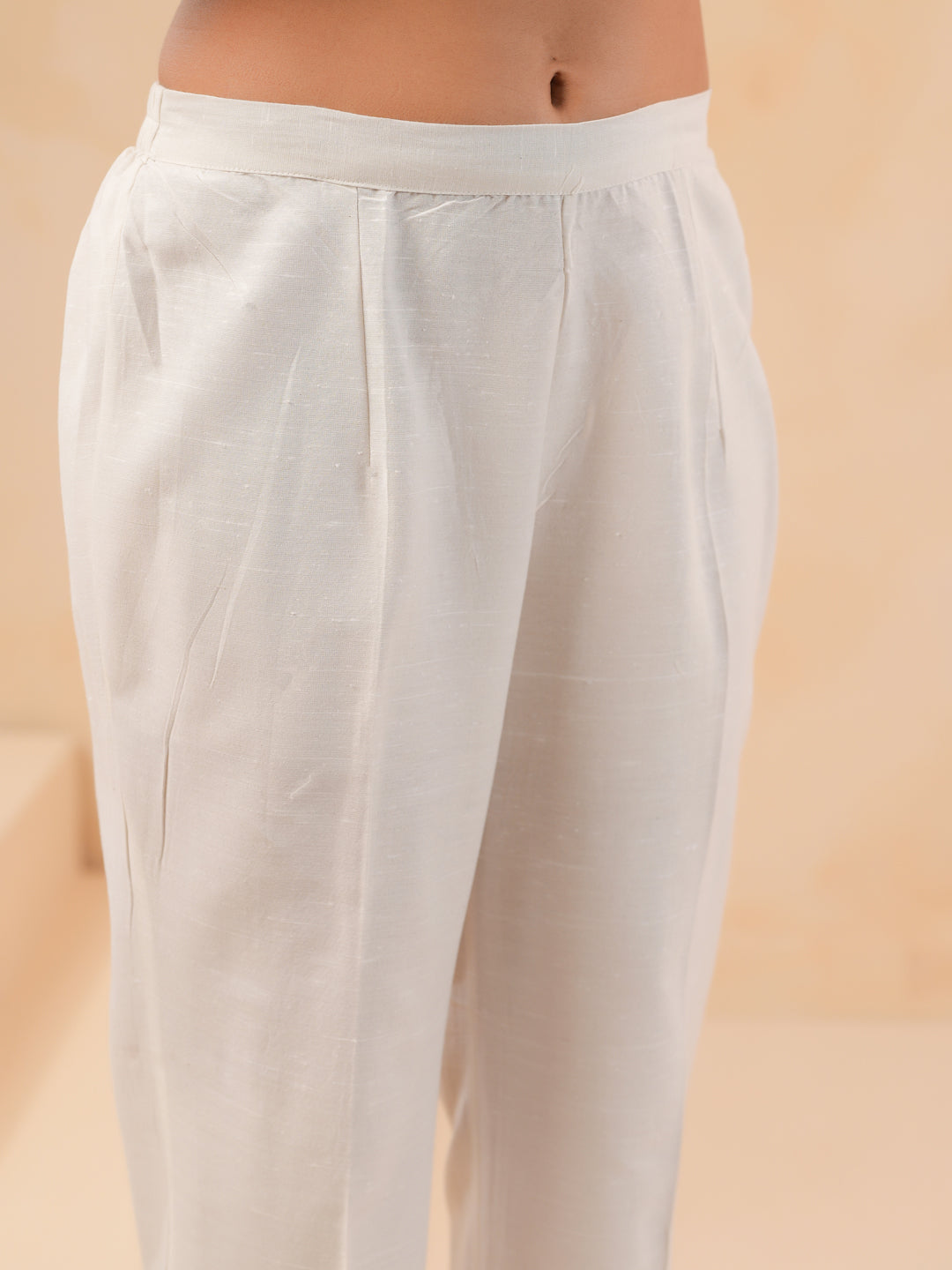 Span Off White Round Neck Cotton Kurta Set with Dupatta