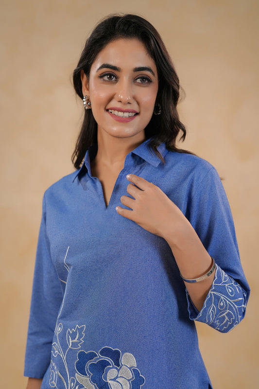 Span Blue Collard Cotton Co-Ord Set