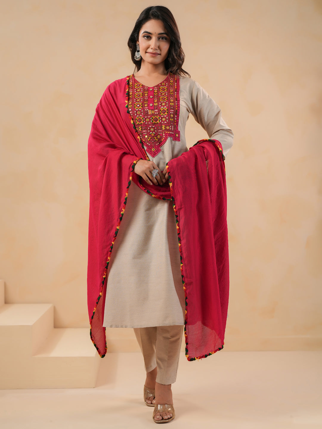 Span Beige Round Neck Cotton Kurta Set with Dupatta
