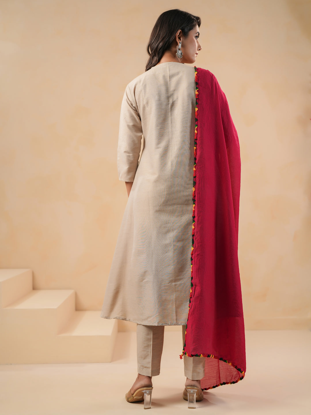 Span Beige Round Neck Cotton Kurta Set with Dupatta