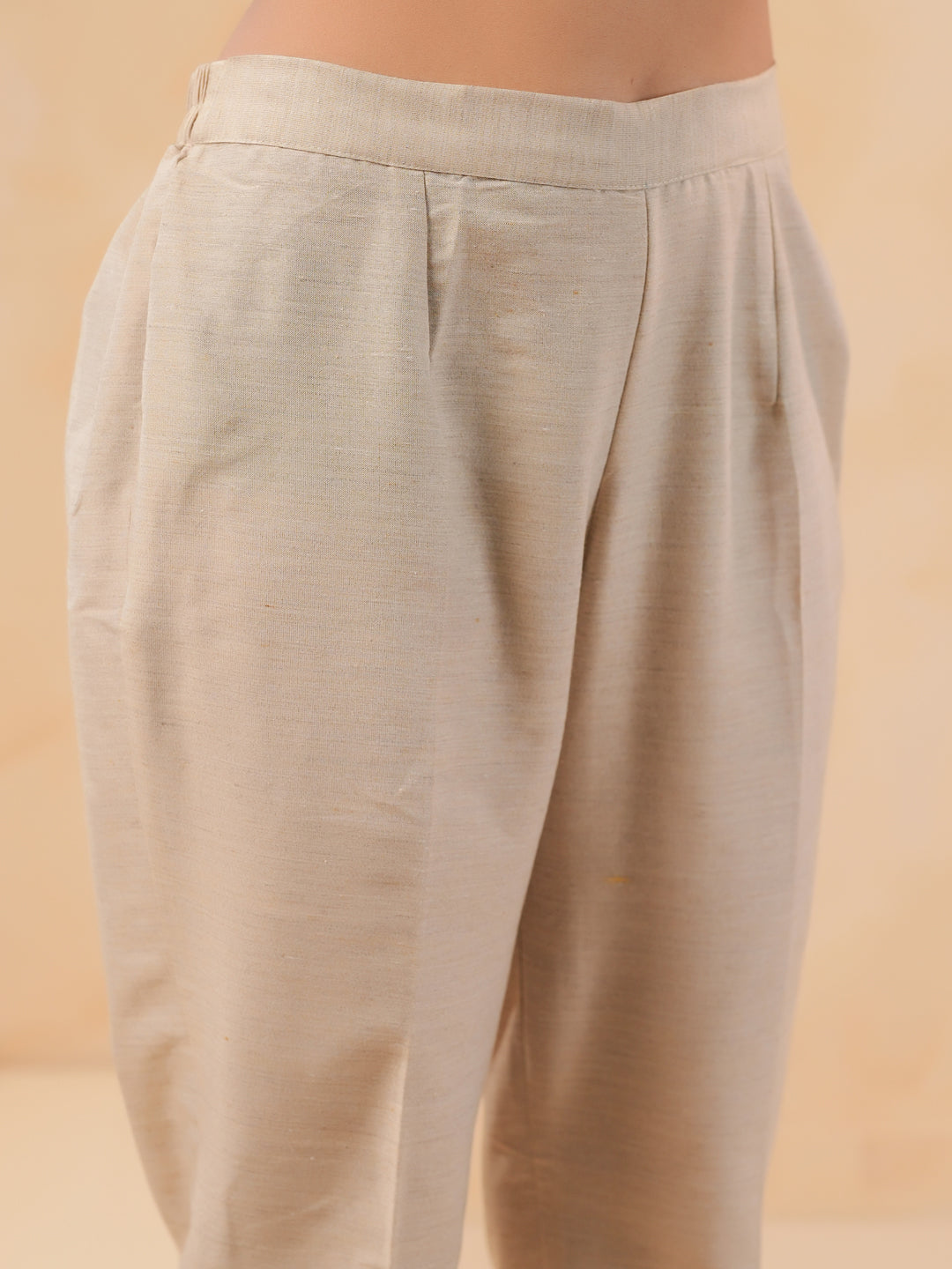 Span Beige Round Neck Cotton Kurta Set with Dupatta