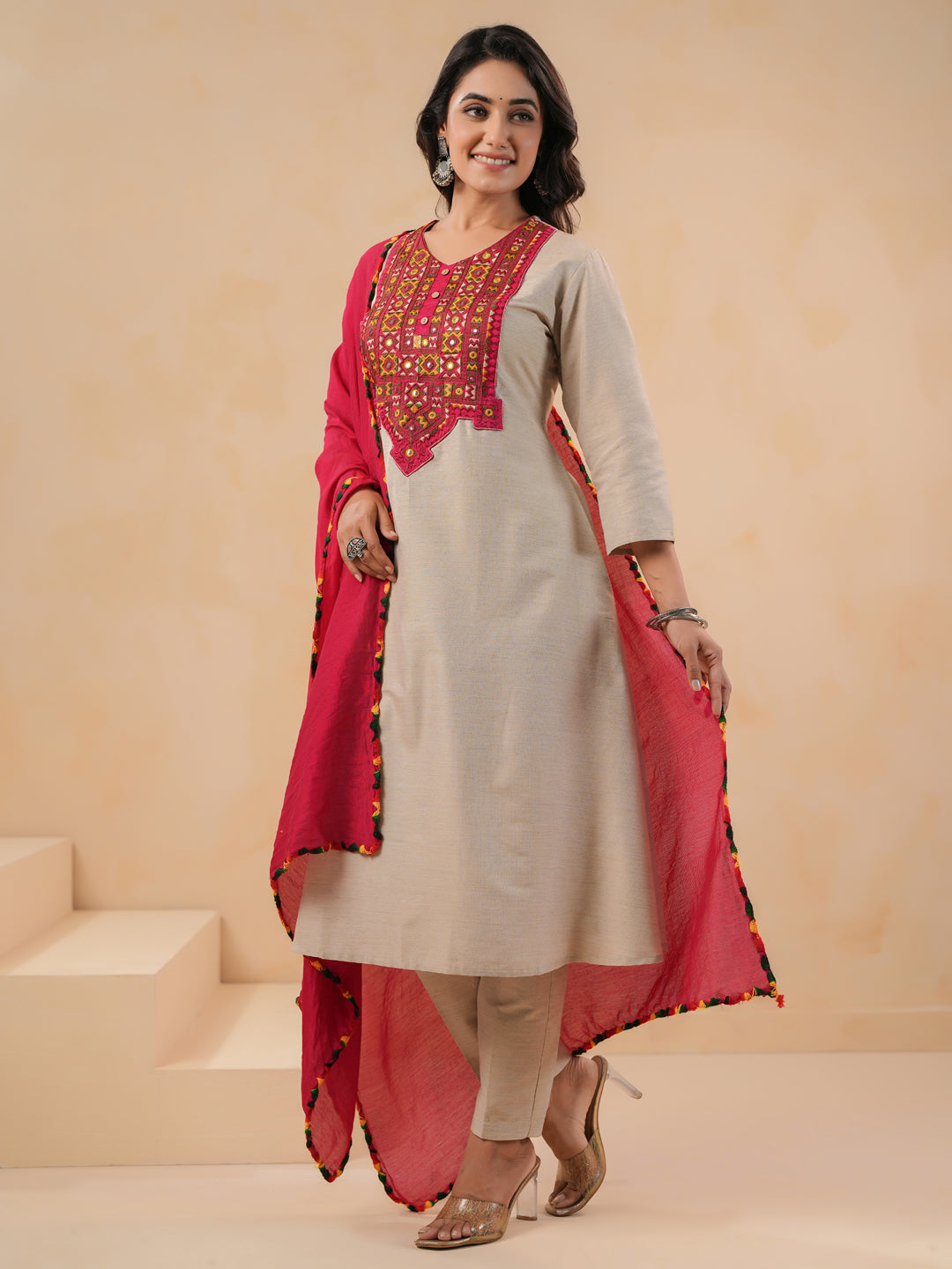 Span Beige Round Neck Cotton Kurta Set with Dupatta