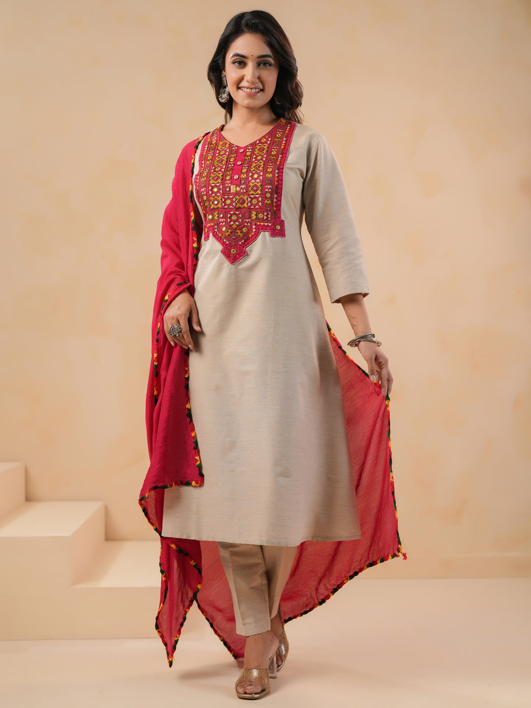 Span Beige Round Neck Cotton Kurta Set with Dupatta