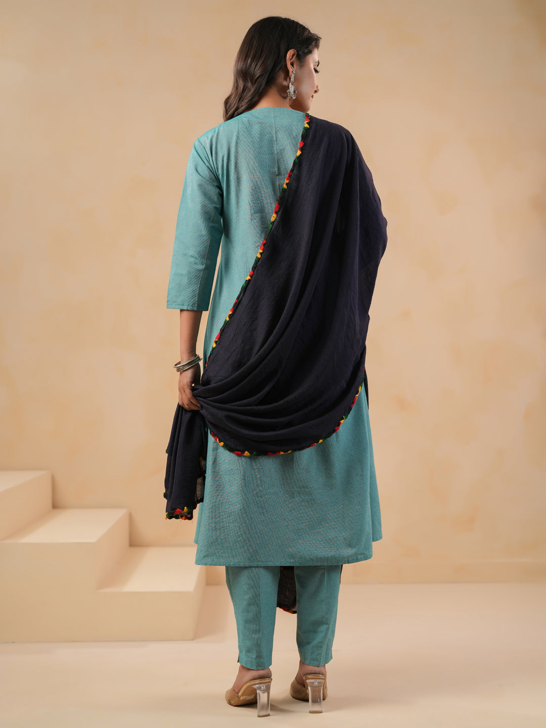 Span Green Round Neck Cotton Kurta Set with Dupatta
