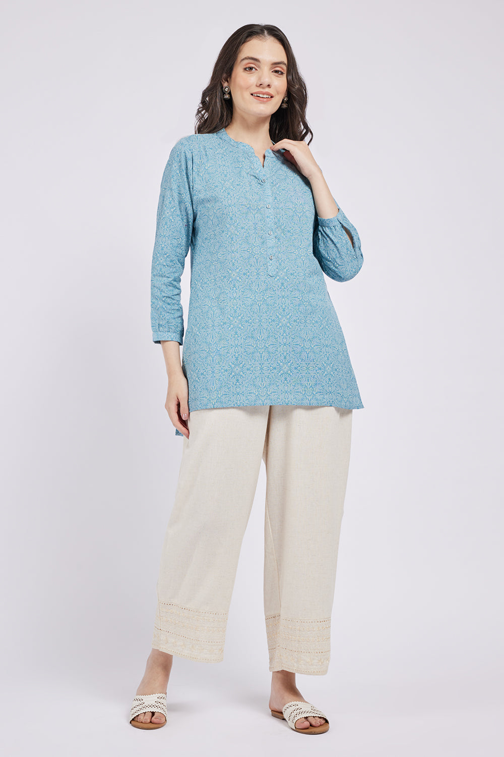 Span Blue Mandarin Cotton Short Kurta