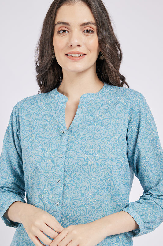 Span Blue Mandarin Cotton Short Kurta