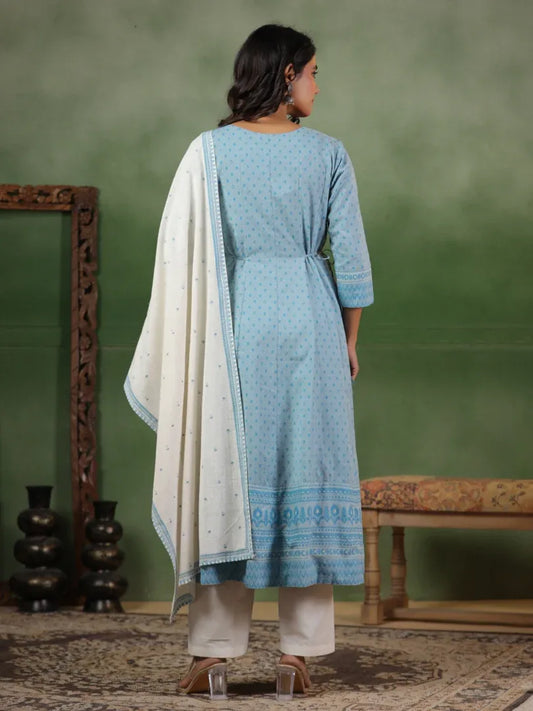Span Blue Cotton Kurta Set with Dupatta