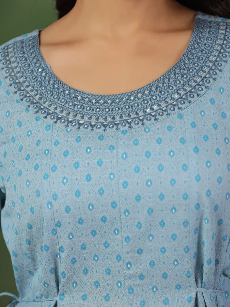 Span Blue Cotton Kurta Set with Dupatta
