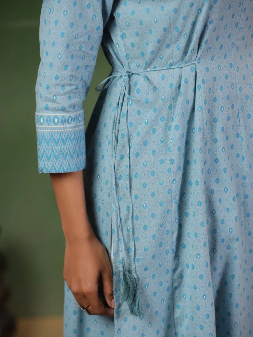 Span Blue Cotton Kurta Set with Dupatta