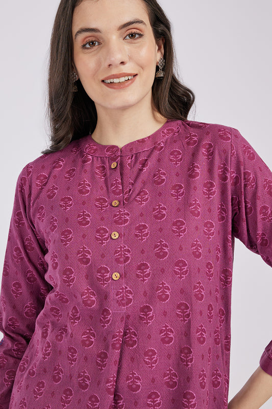 Span Purple Mandarin Cotton Short Kurta