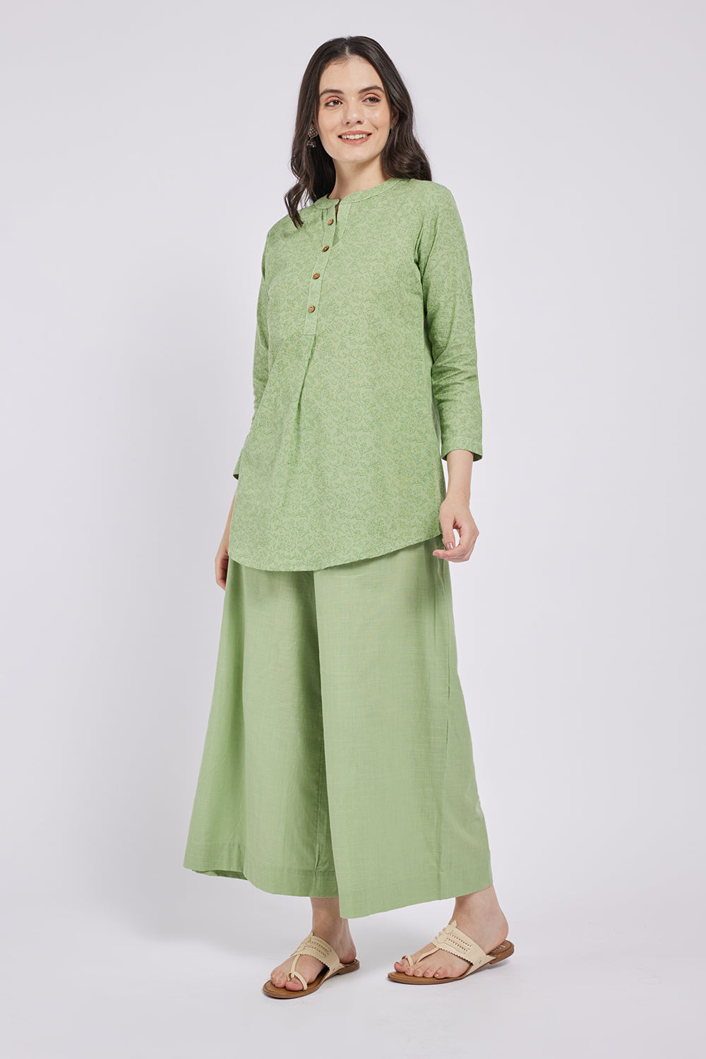 Span Green Mandarin Cotton Short Kurta