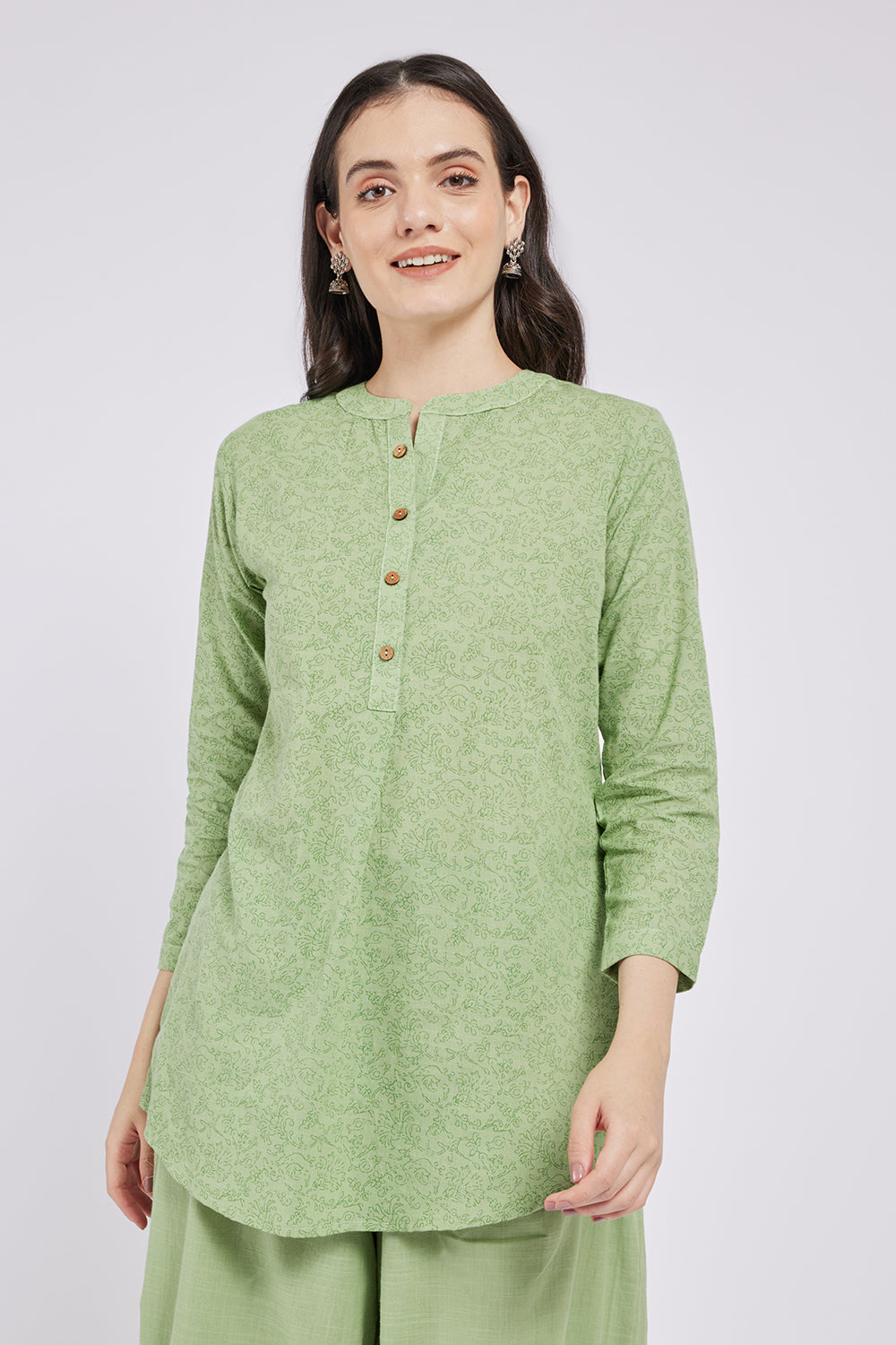 Span Green Mandarin Cotton Short Kurta