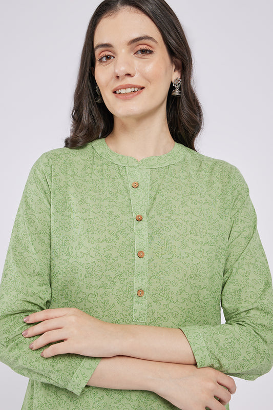 Span Green Mandarin Cotton Short Kurta