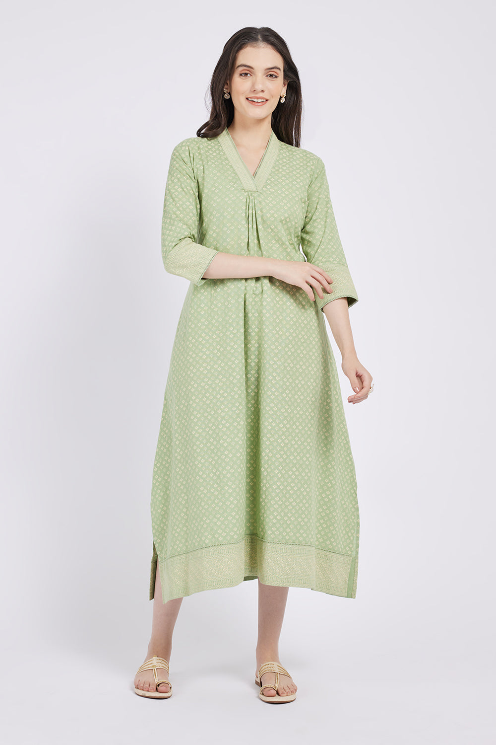 Span Green V Neck Cotton Casual Kurta