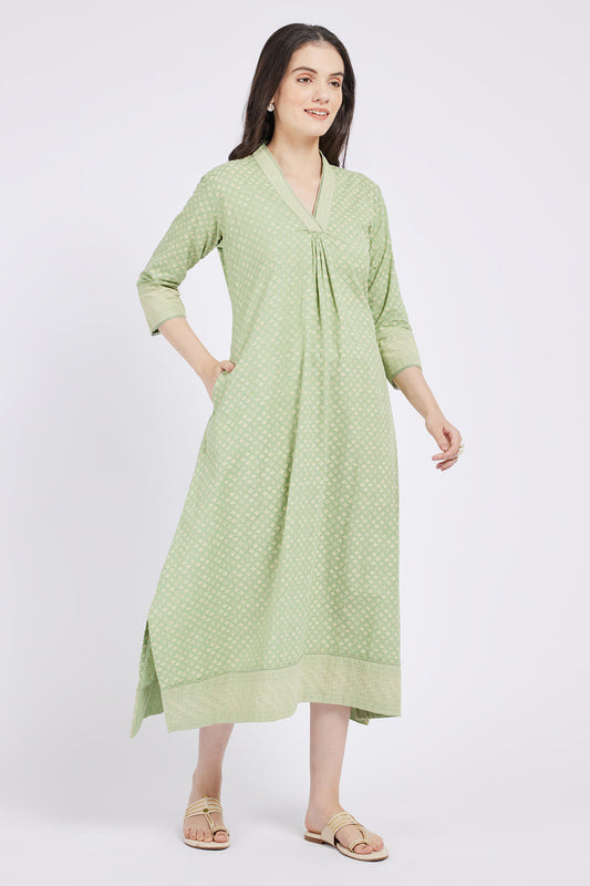 Span Green V Neck Cotton Casual Kurta