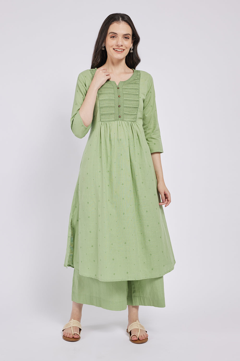Span Green Round Neck Cotton Casual Kurta