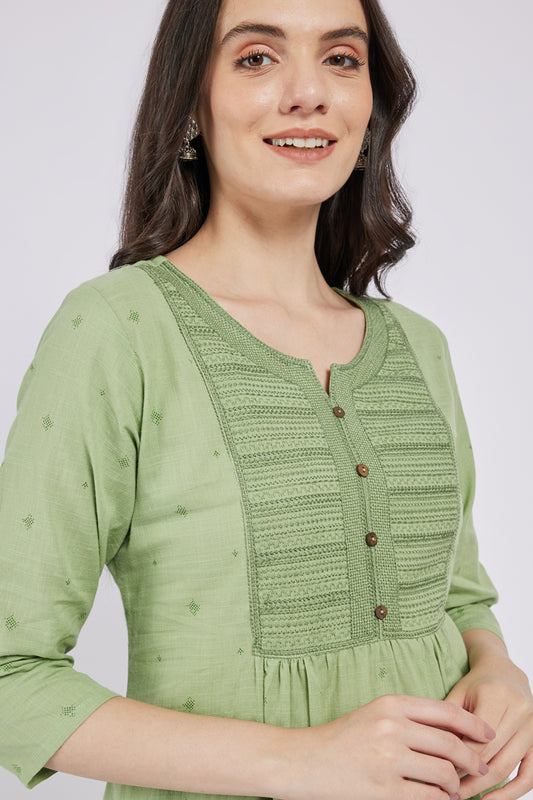 Span Green Round Neck Cotton Casual Kurta