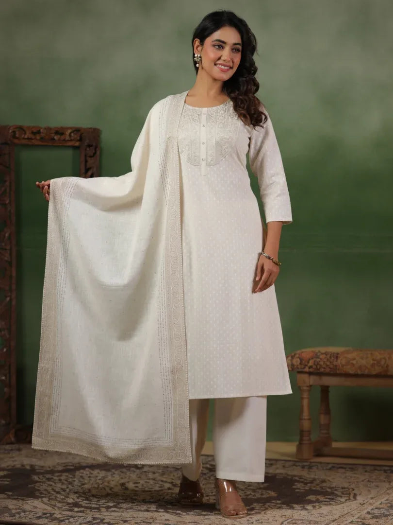 Span White Cotton Kurta Set with Dupatta
