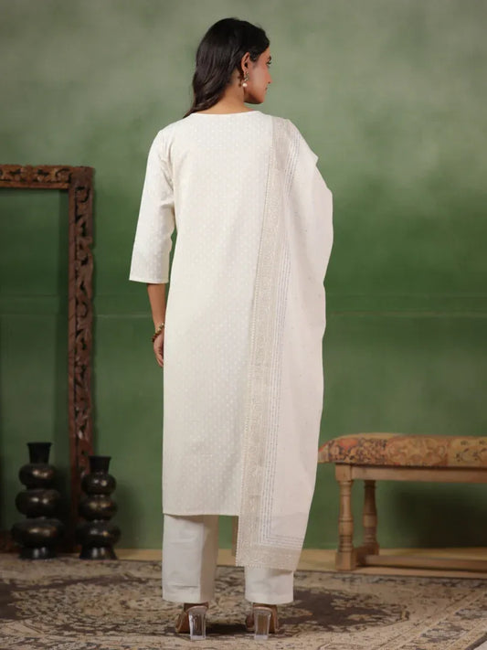 Span White Cotton Kurta Set with Dupatta