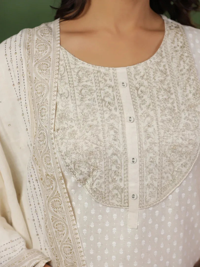 Span White Cotton Kurta Set with Dupatta