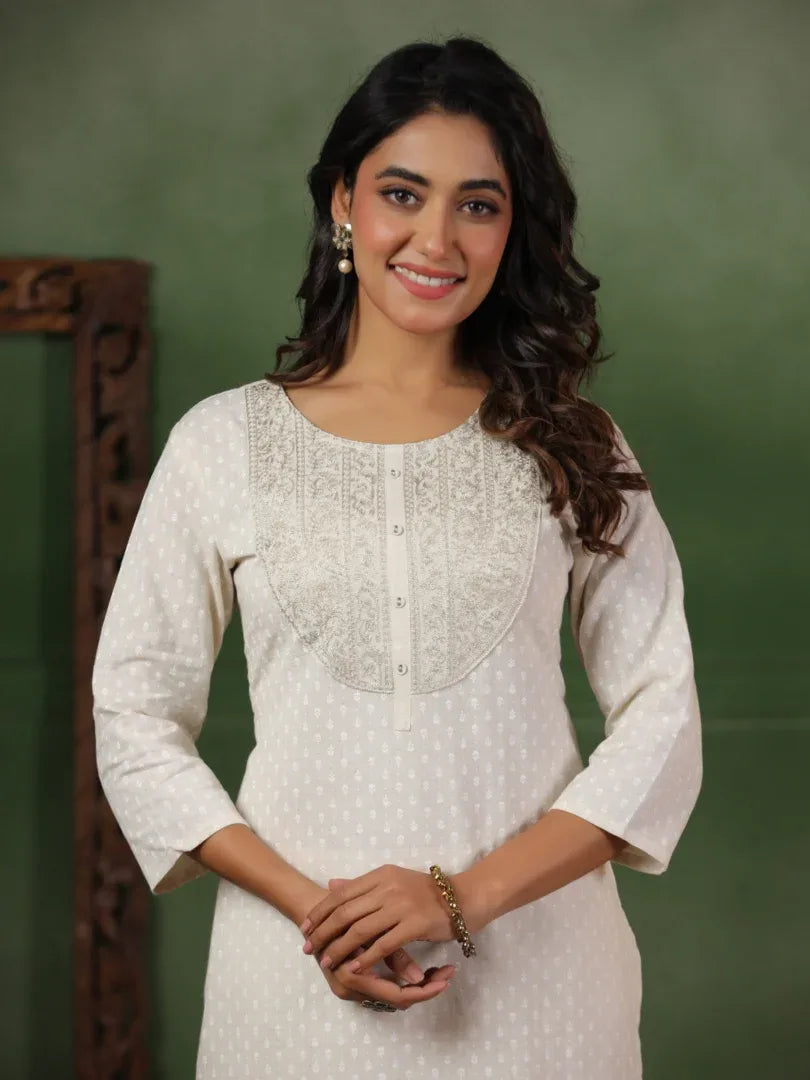 Span White Cotton Kurta Set with Dupatta