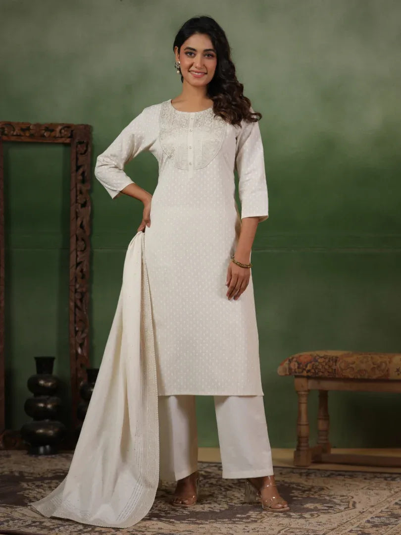 Span White Cotton Kurta Set with Dupatta