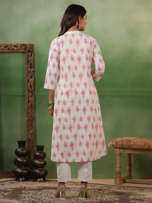 Span White Mandarin Cotton Kurta Set