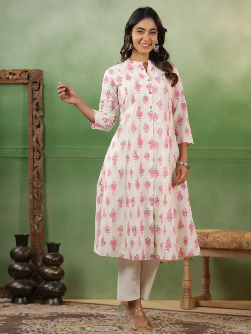 Span White Mandarin Cotton Kurta Set