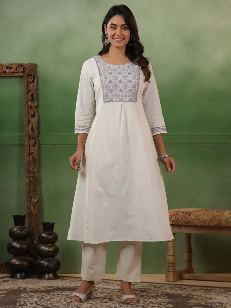 Span White Round Neck Cotton Kurta Set