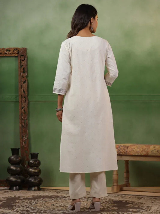 Span White Round Neck Cotton Kurta Set