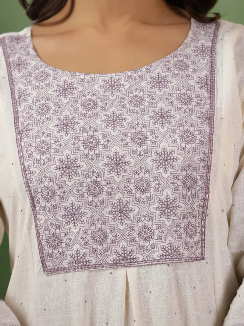 Span White Round Neck Cotton Kurta Set