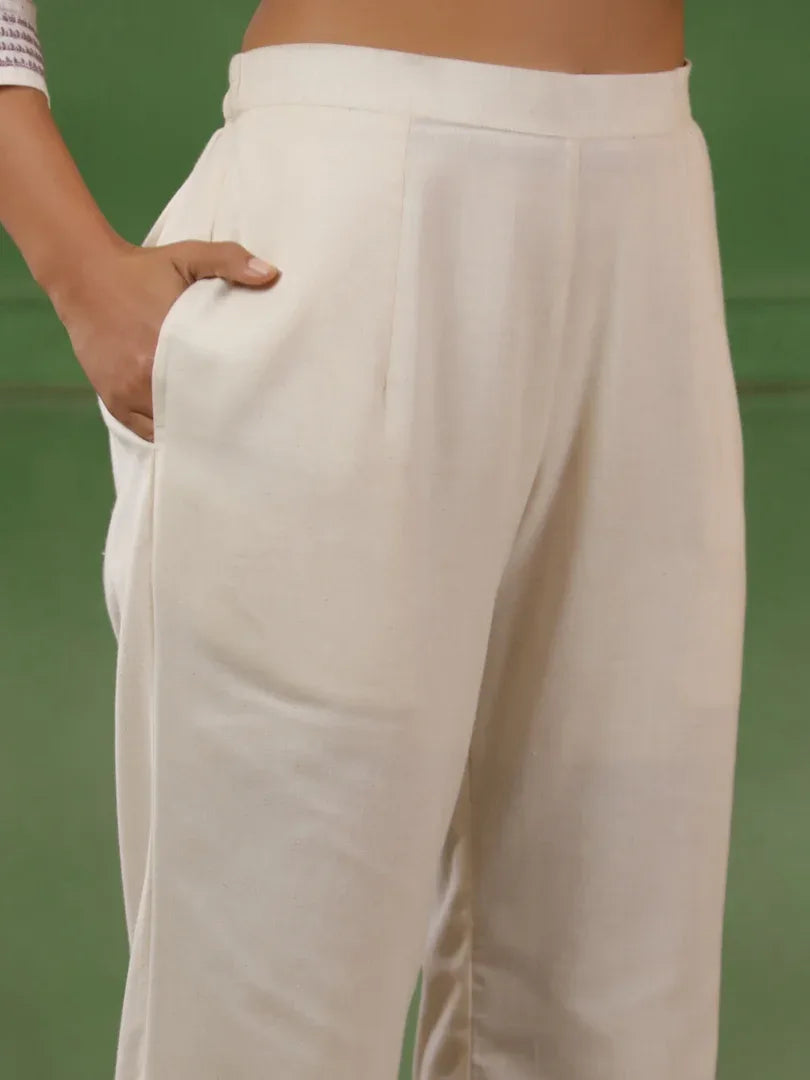 Span White Round Neck Cotton Kurta Set