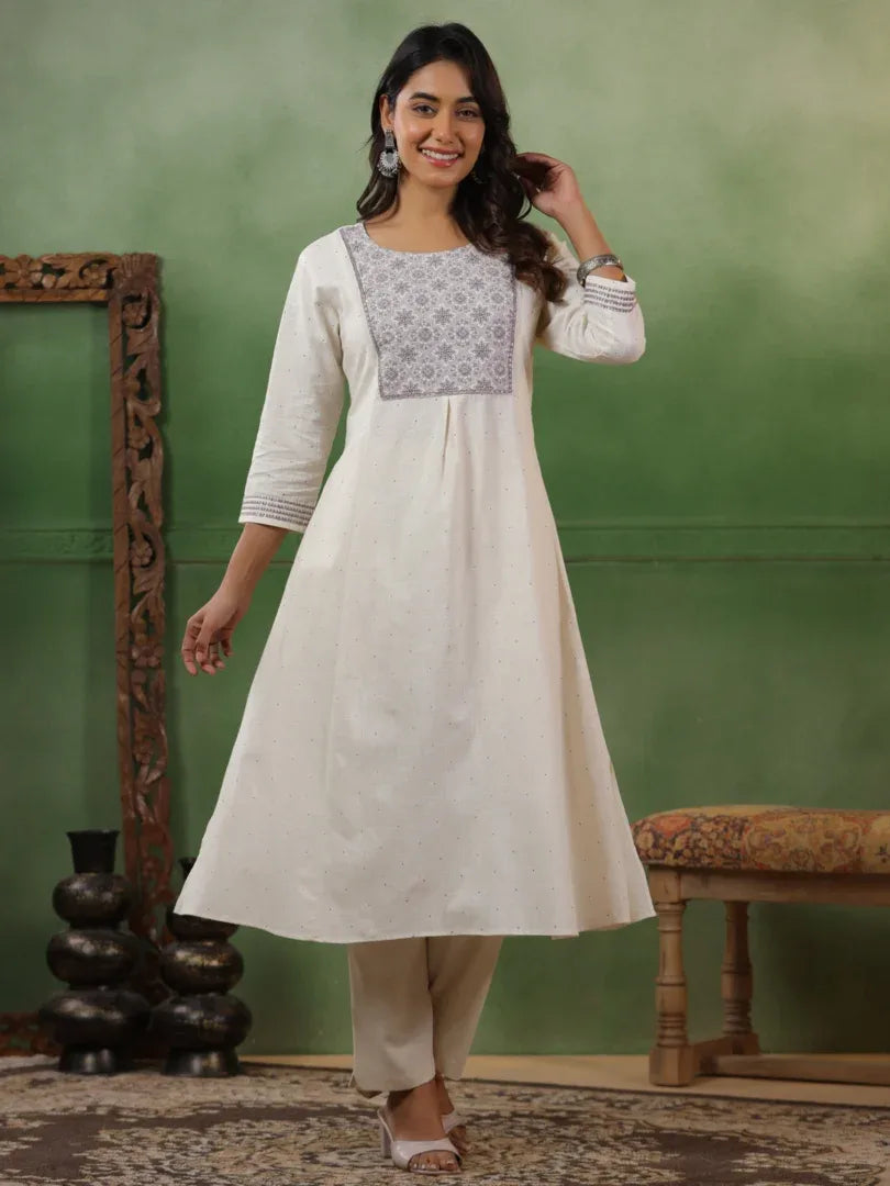 Span White Round Neck Cotton Kurta Set