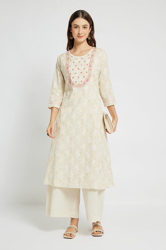 Span Ivory Round Neck Cotton Casual Kurta