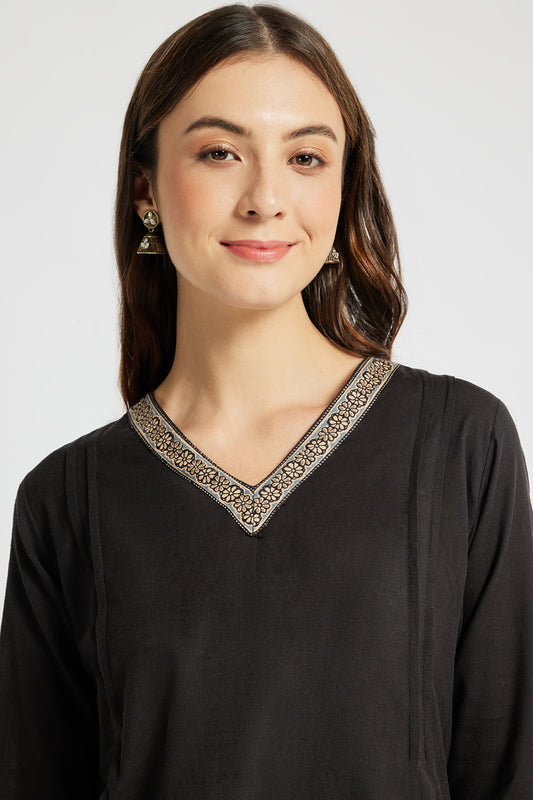 Span Black V-neck Cotton Co-Ord Set(Set of 2)