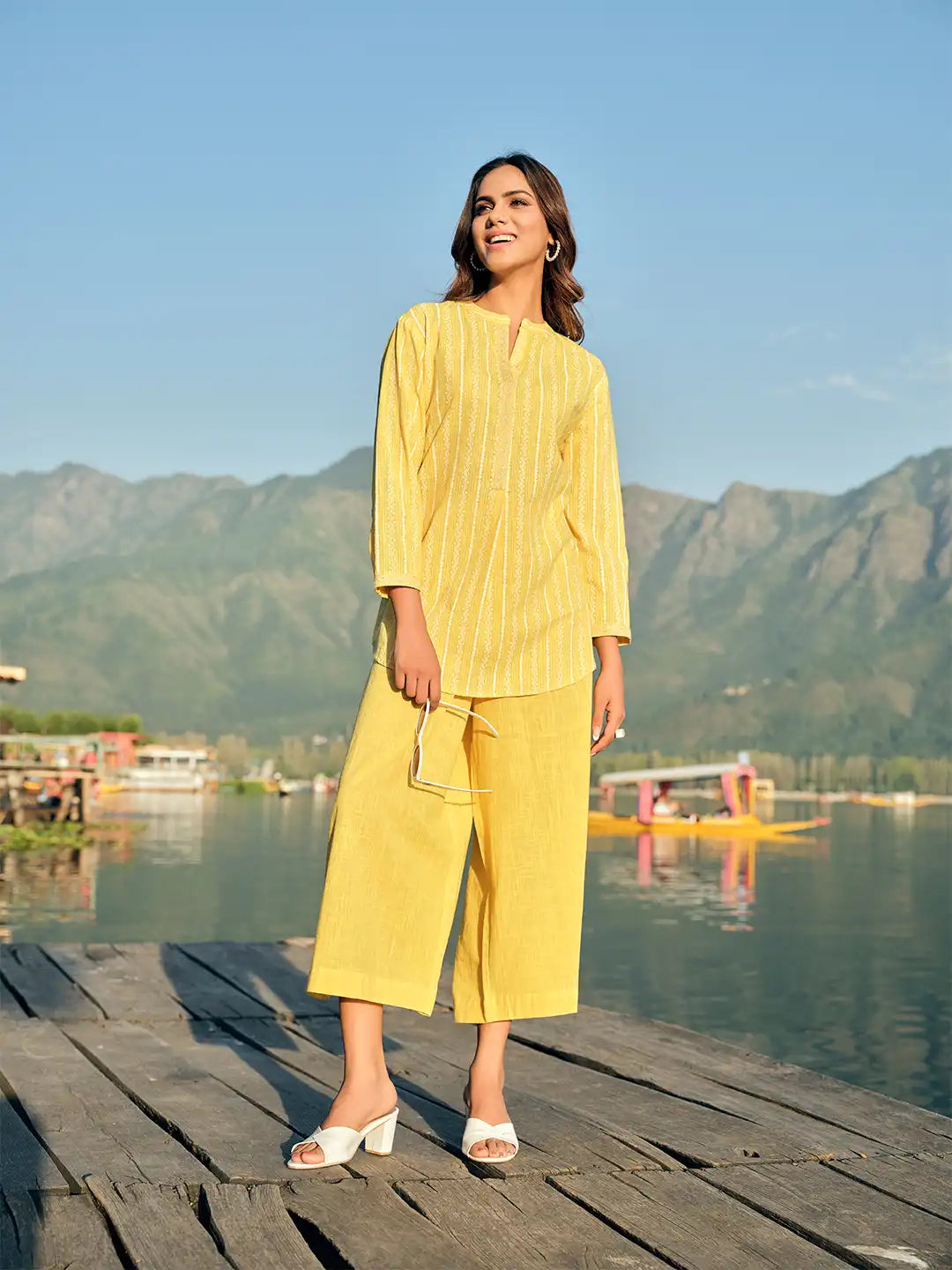 Span Yellow Mandarin Cotton Short Kurta