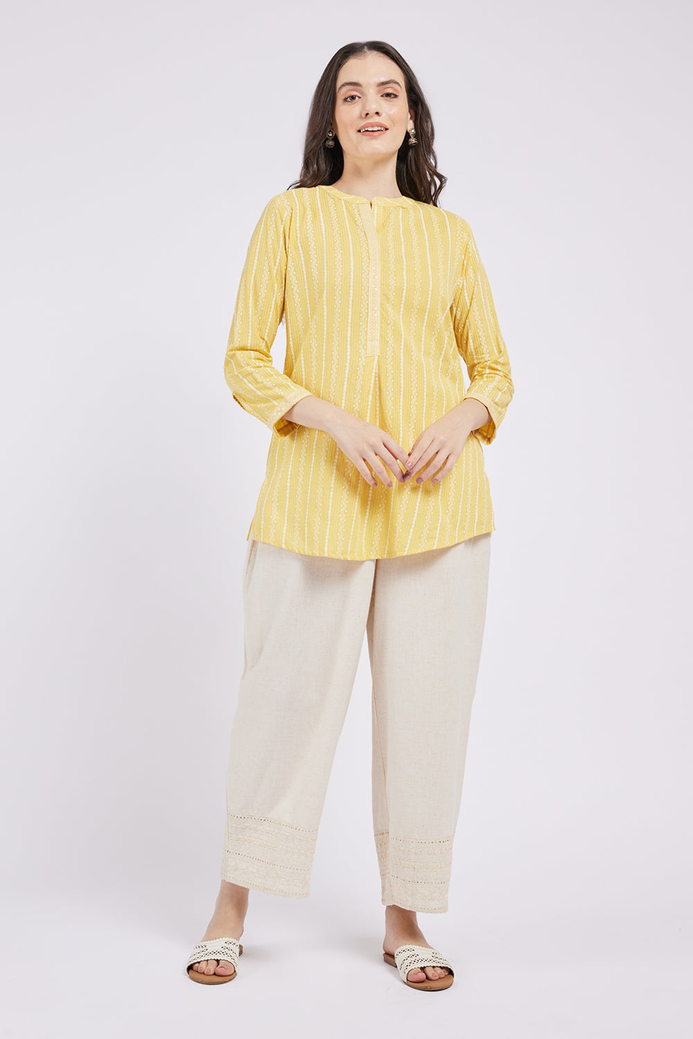 Span Yellow Mandarin Cotton Short Kurta