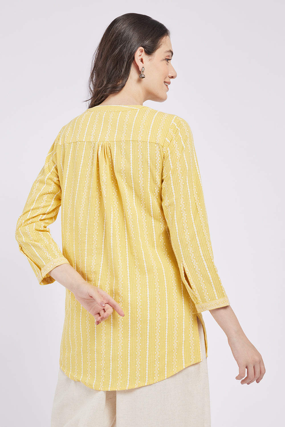 Span Yellow Mandarin Cotton Short Kurta