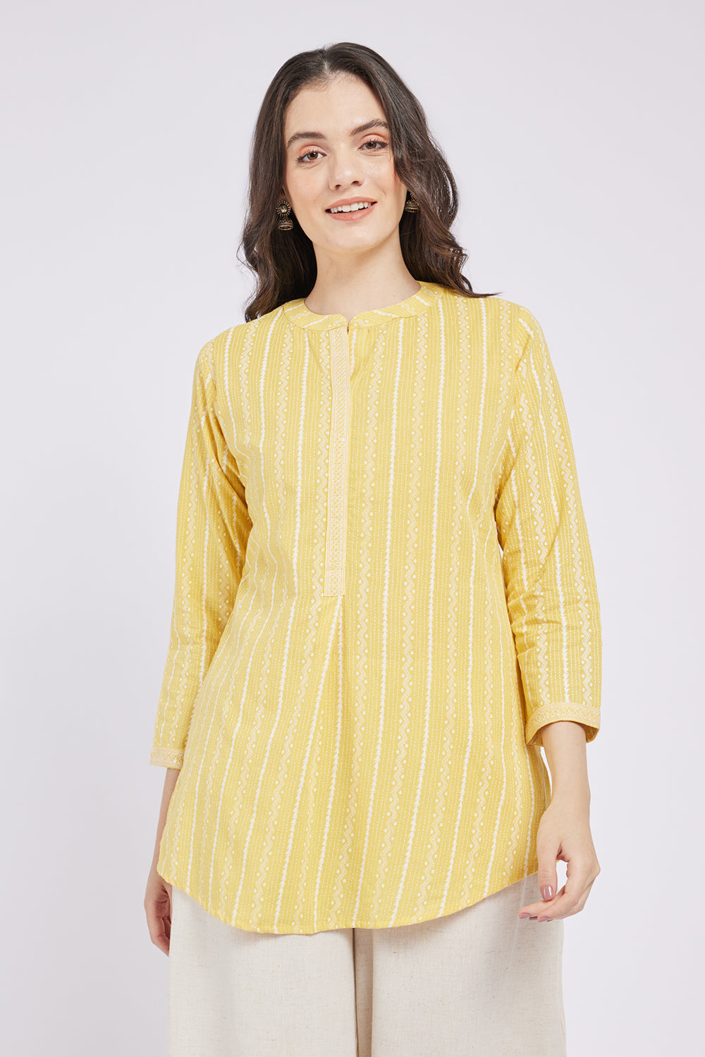 Span Yellow Mandarin Cotton Short Kurta