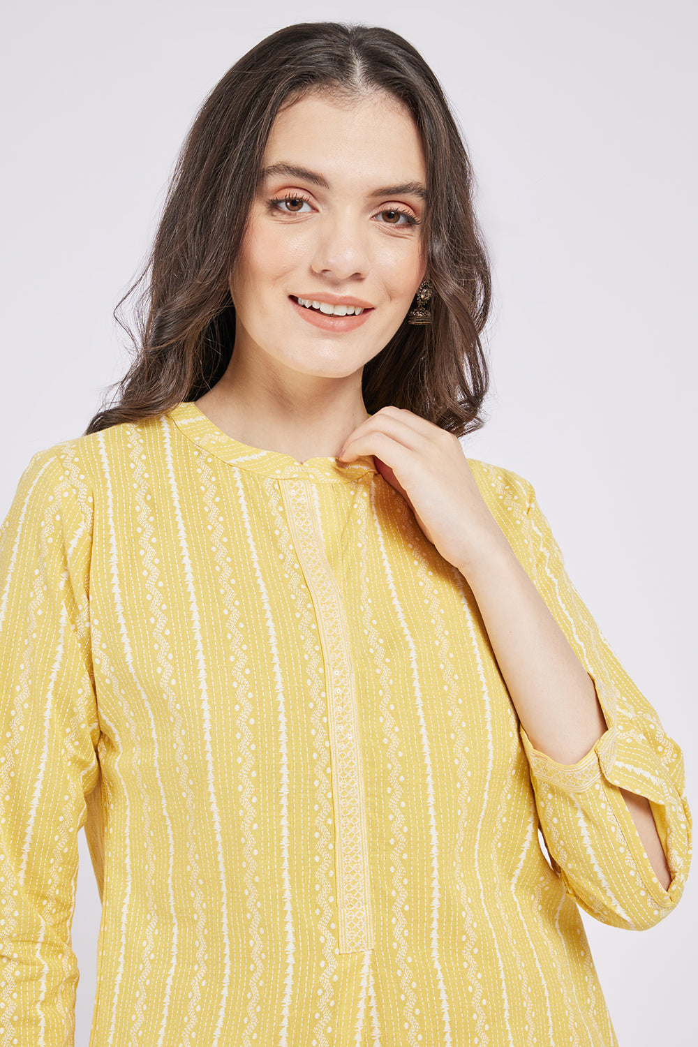 Span Yellow Mandarin Cotton Short Kurta