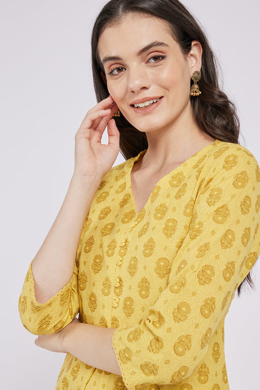 Span Yellow V Neck Cotton Casual Kurta