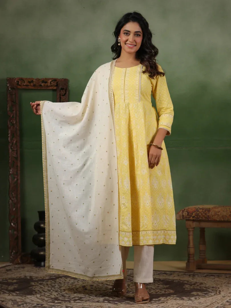 Span Yellow Cotton Kurta Set with Dupatta