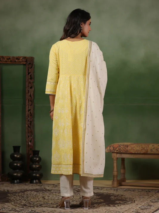 Span Yellow Cotton Kurta Set with Dupatta