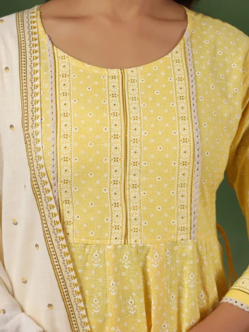 Span Yellow Cotton Kurta Set with Dupatta