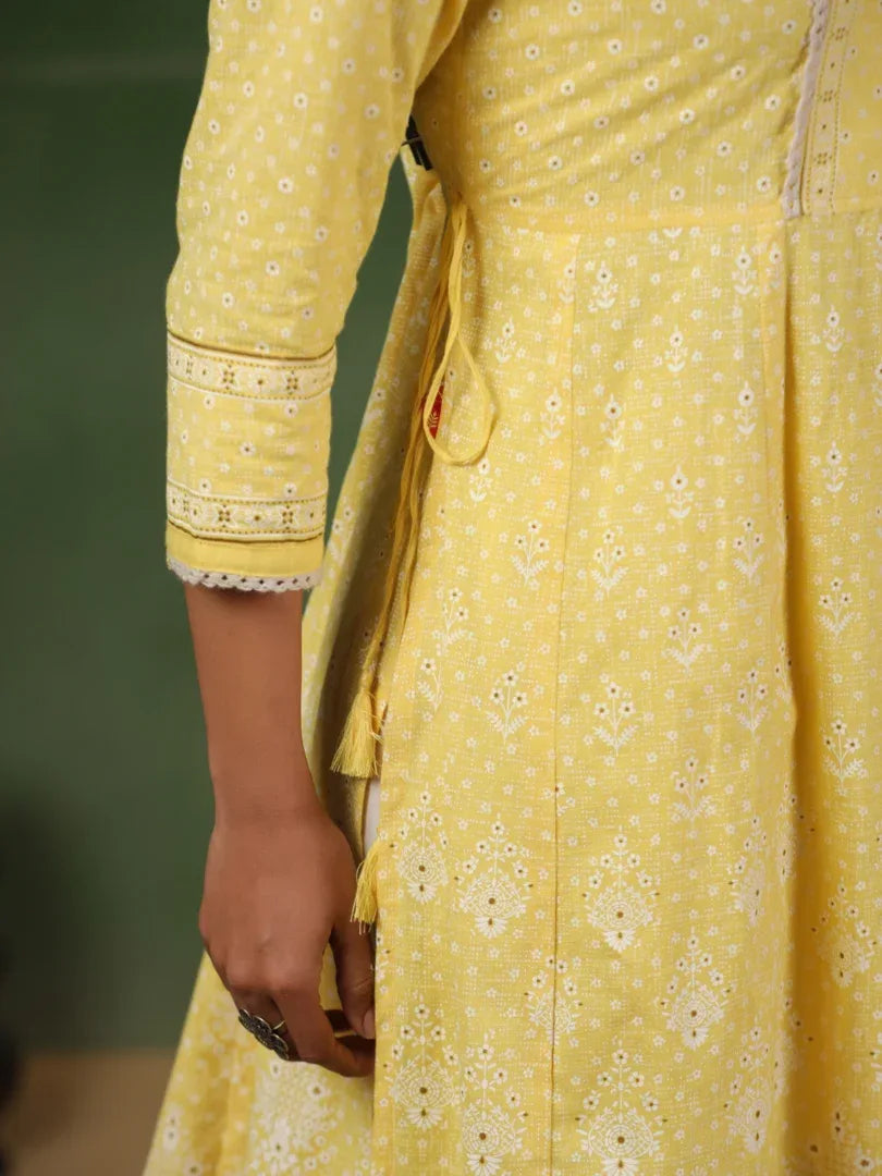Span Yellow Cotton Kurta Set with Dupatta