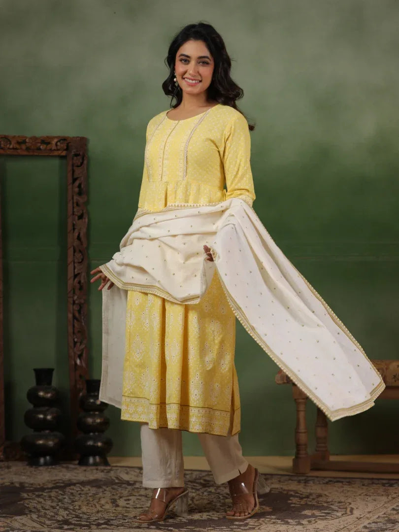 Span Yellow Cotton Kurta Set with Dupatta