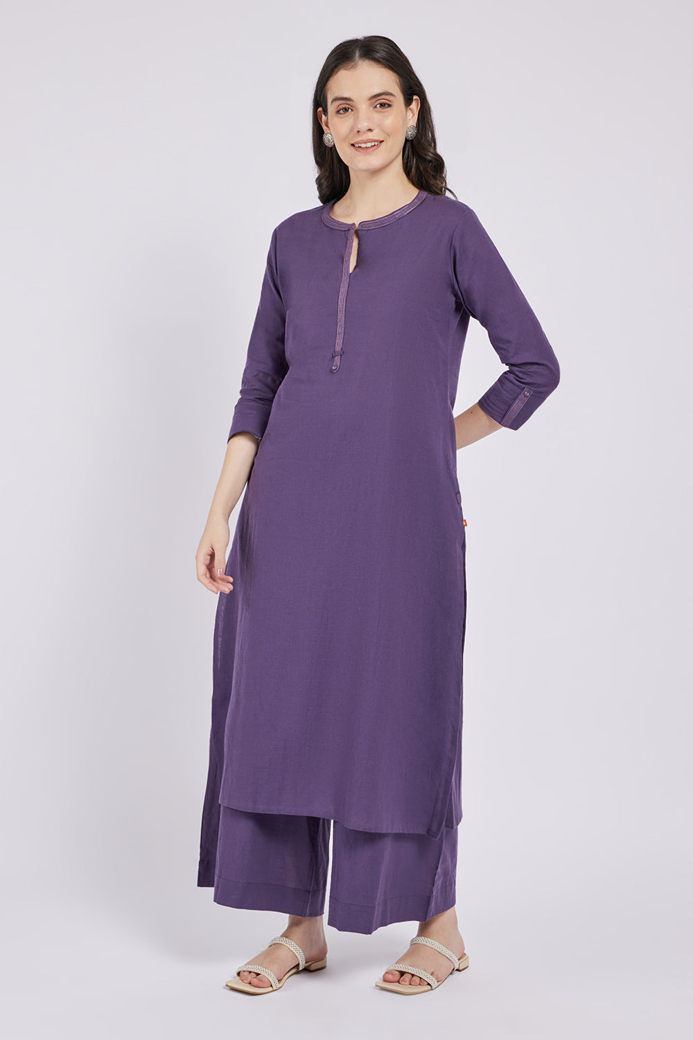 Span Purple Mandarin Cotton Casual Kurta